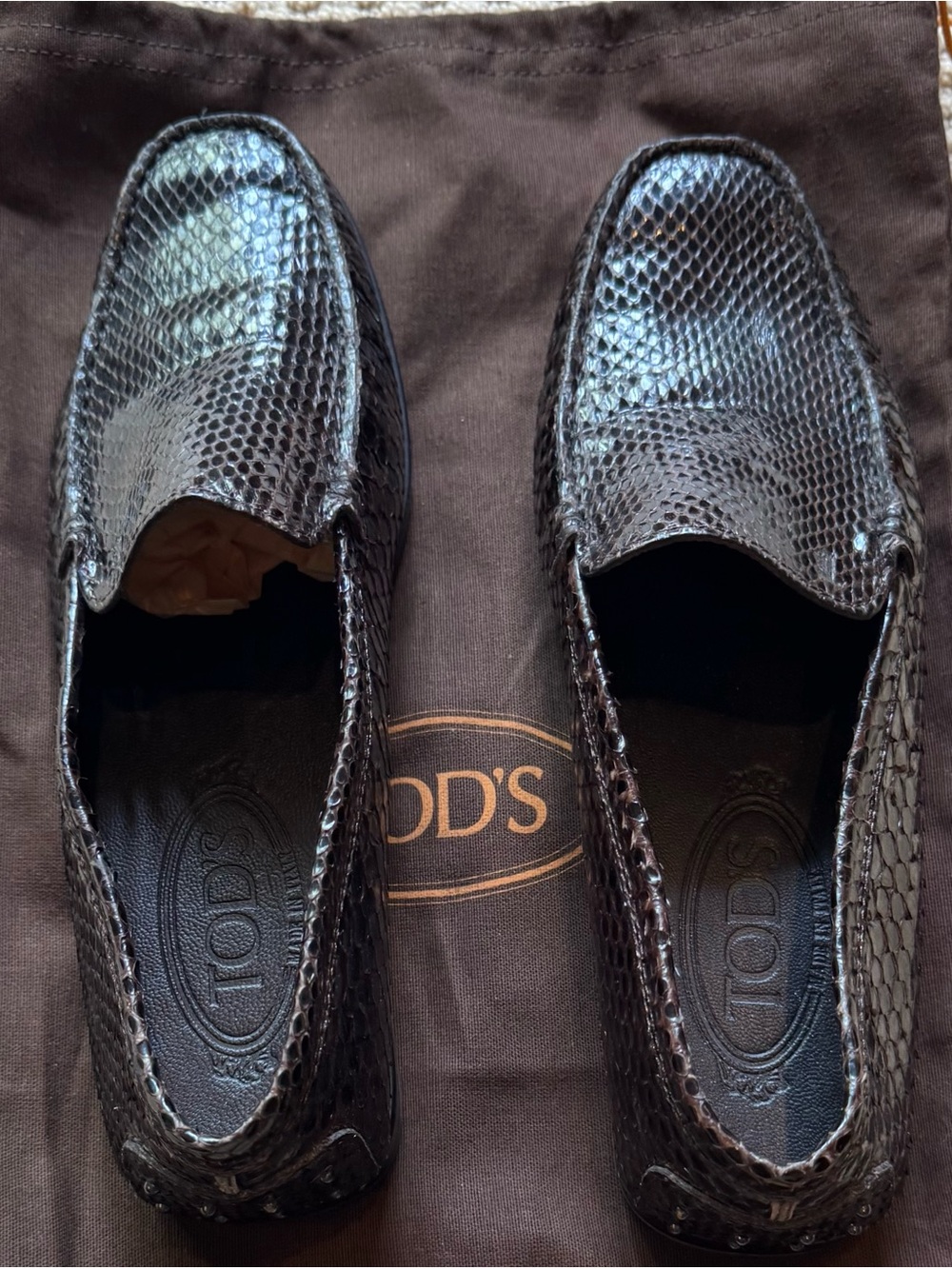 Tod's Dark Brown Snake-Embossed Leather Slip-On Loafers